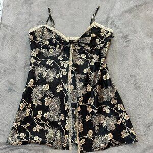 Victoria's Secret Tie Front Open Nightie Lingerie SMALL Black Tan Floral Silky